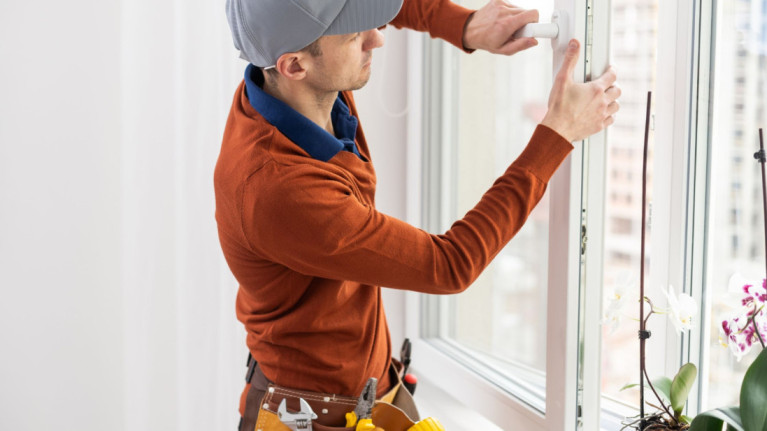 A professional installer adjusting a window frame in a modern building