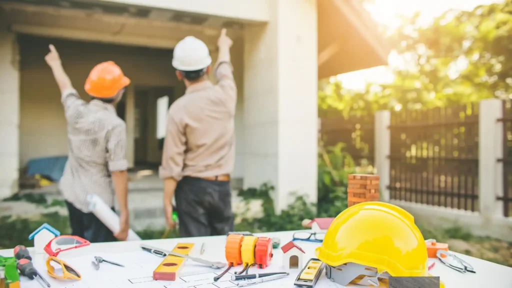 Two construction professionals in safety helmets inspecting a building site, ensuring compliance with types of construction bonds.