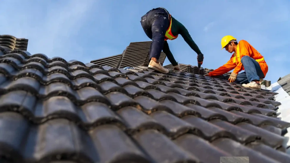 Two workers installing roof tiles on a sloped roof, demonstrating types of roofs in building construction.