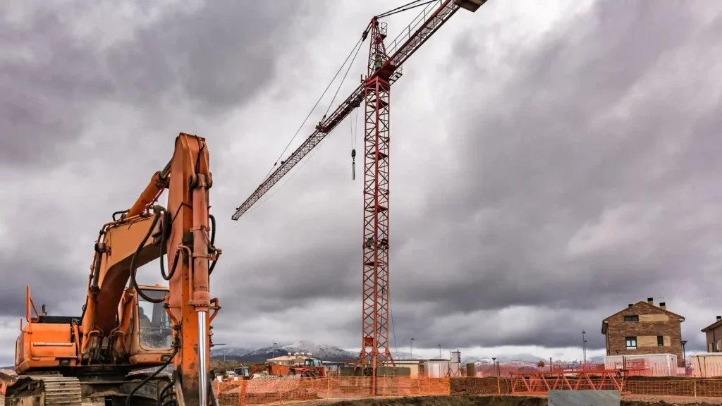 An orange excavator and a red construction crane, two types of construction equipment, at a site under a cloudy sky, surrounded by fencing and houses in the background.