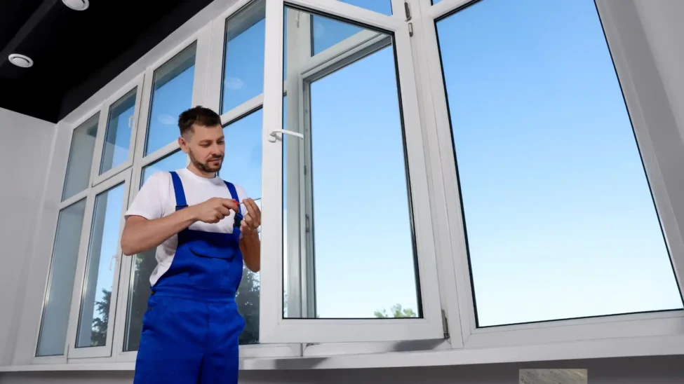 A technician in blue overalls installing a glass window, demonstrating the use of different types of glass in construction.