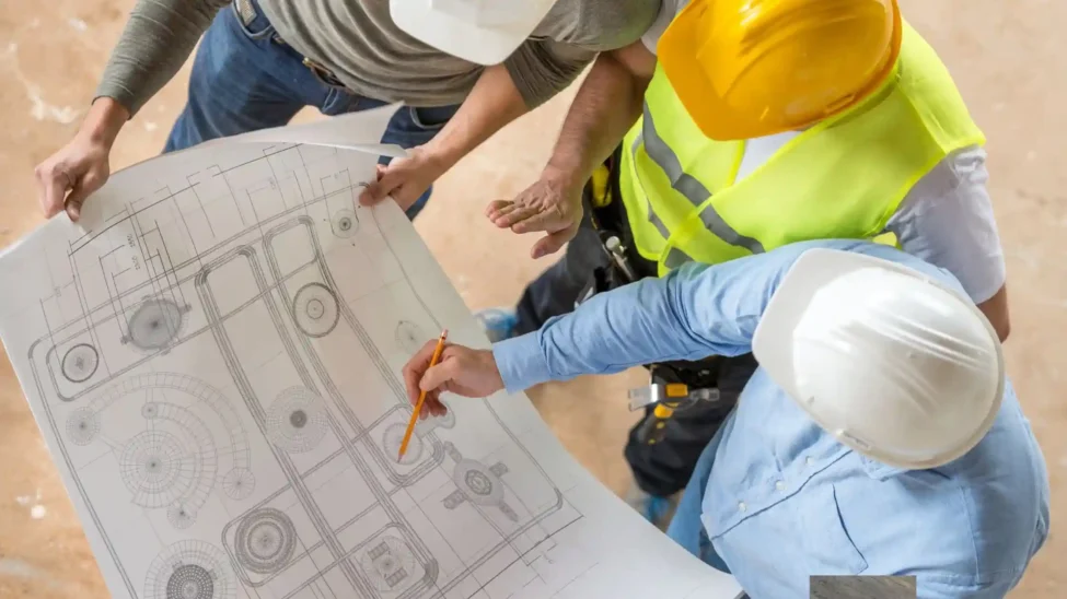 On a construction site, engineers examine drawings to determine the types of columns in construction.