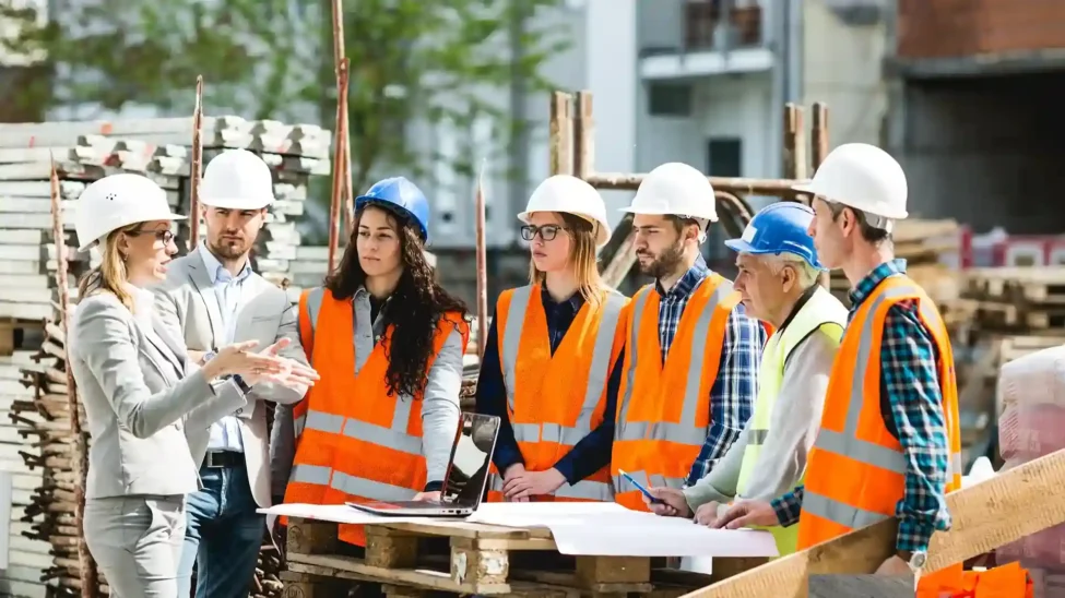 Types of construction workers collaborating on a building project at a construction site.