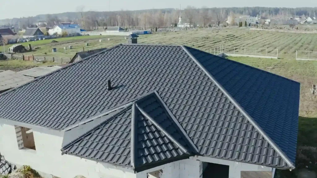 Aerial view of a completed gable roof, showing one of the most common types of roofs in building construction.